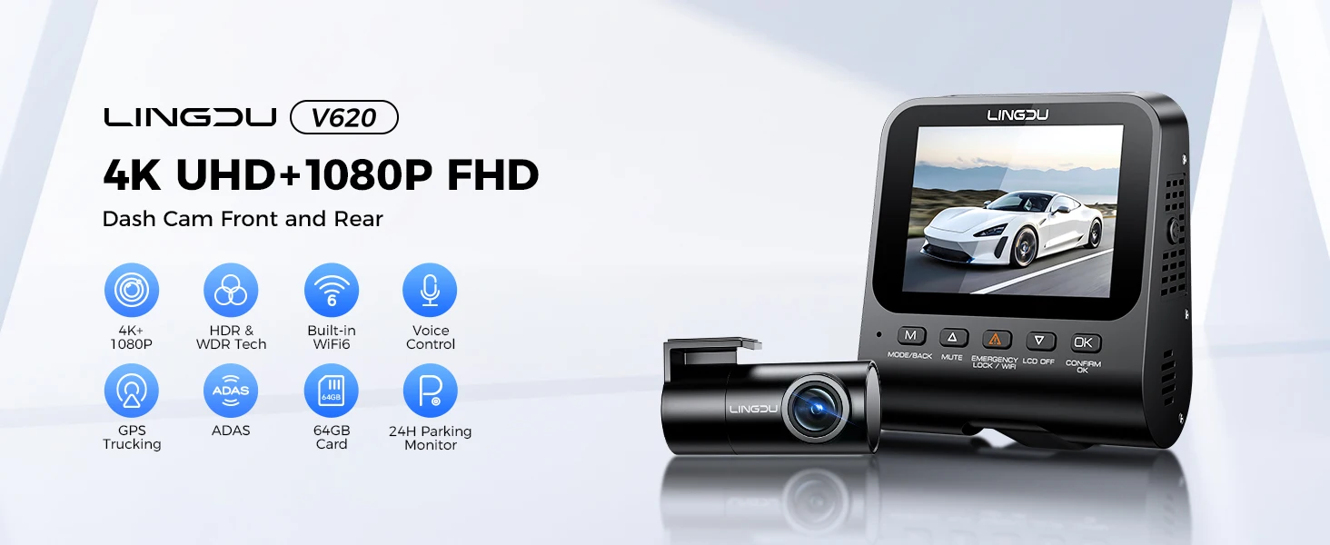 LINGDU Dash Cam V620 Front and Rear Car Camera 4K+1080P 60FPS Car DVR GPS WI-FI ADAS Voice Control Parking Mode Support Rear Cam