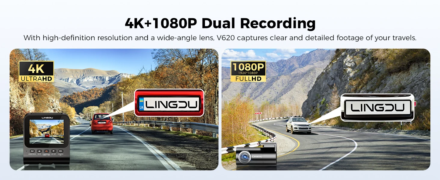 LINGDU Dash Cam V620 Front and Rear Car Camera 4K+1080P 60FPS Car DVR GPS WI-FI ADAS Voice Control Parking Mode Support Rear Cam