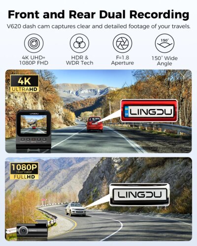 LINGDU Dash Cam V620 Front and Rear Car Camera 4K+1080P 60FPS Car DVR GPS WI-FI ADAS Voice Control Parking Mode Support Rear Cam - Image 2