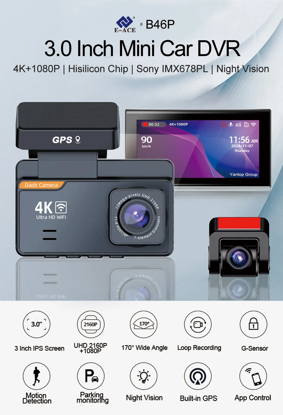 4K Dash Cam Car DVR Support WIFI GPS 4K Front And 1080P Rear Rear Camera Dual Lens Night Vision Video Recorder Black Box