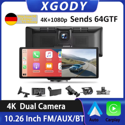 XGODY 10.26" 4K Dash Cam Wireless Carplay Android Auto Car DVR WiFi Navigation Rearview Camera Dashboard Video