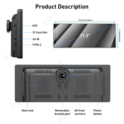 XGODY 11.3" 4K Dash Cam Wireless Carplay Android Auto Car DVR GPS WiFi Navigation Rearview Camera Dashboard Video - Image 5