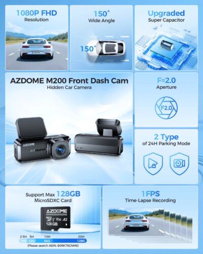 AZDOME Dash Cam M200 1080P Built-in Wifi APP Control Hidden Car Front Camera 150FOV F2.0 Car DVR Recorder 24H Parking Monitor - Image 2