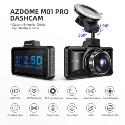 AZDOME Dash Cam M01 Pro 3“ IPS Screen ADAS Car DVR 1080P Auto Recorder 24H Parking G-sensor Support 150° FOV Dual-channel Record - Image 2