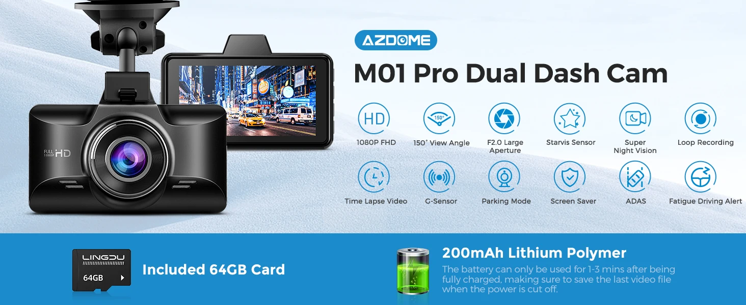 AZDOME Dash Cam M01 Pro 3“ IPS Screen ADAS Car DVR 1080P Auto Recorder 24H Parking G-sensor Support 150° FOV Dual-channel Record