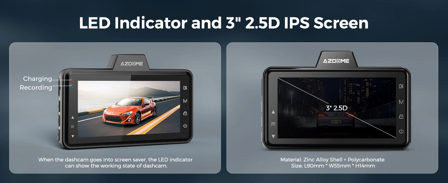 AZDOME Dash Cam M01 Pro 3“ IPS Screen ADAS Car DVR 1080P Auto Recorder 24H Parking G-sensor Support 150° FOV Dual-channel Record