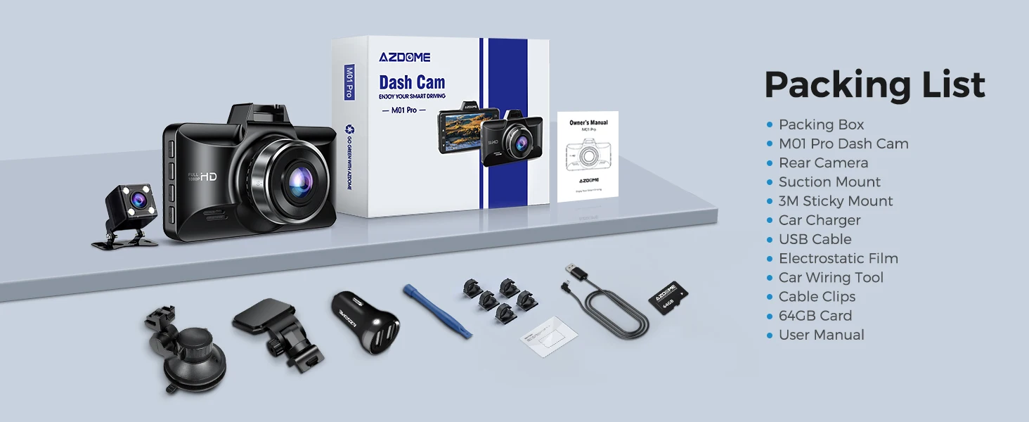 AZDOME Dash Cam M01 Pro 3“ IPS Screen ADAS Car DVR 1080P Auto Recorder 24H Parking G-sensor Support 150° FOV Dual-channel Record