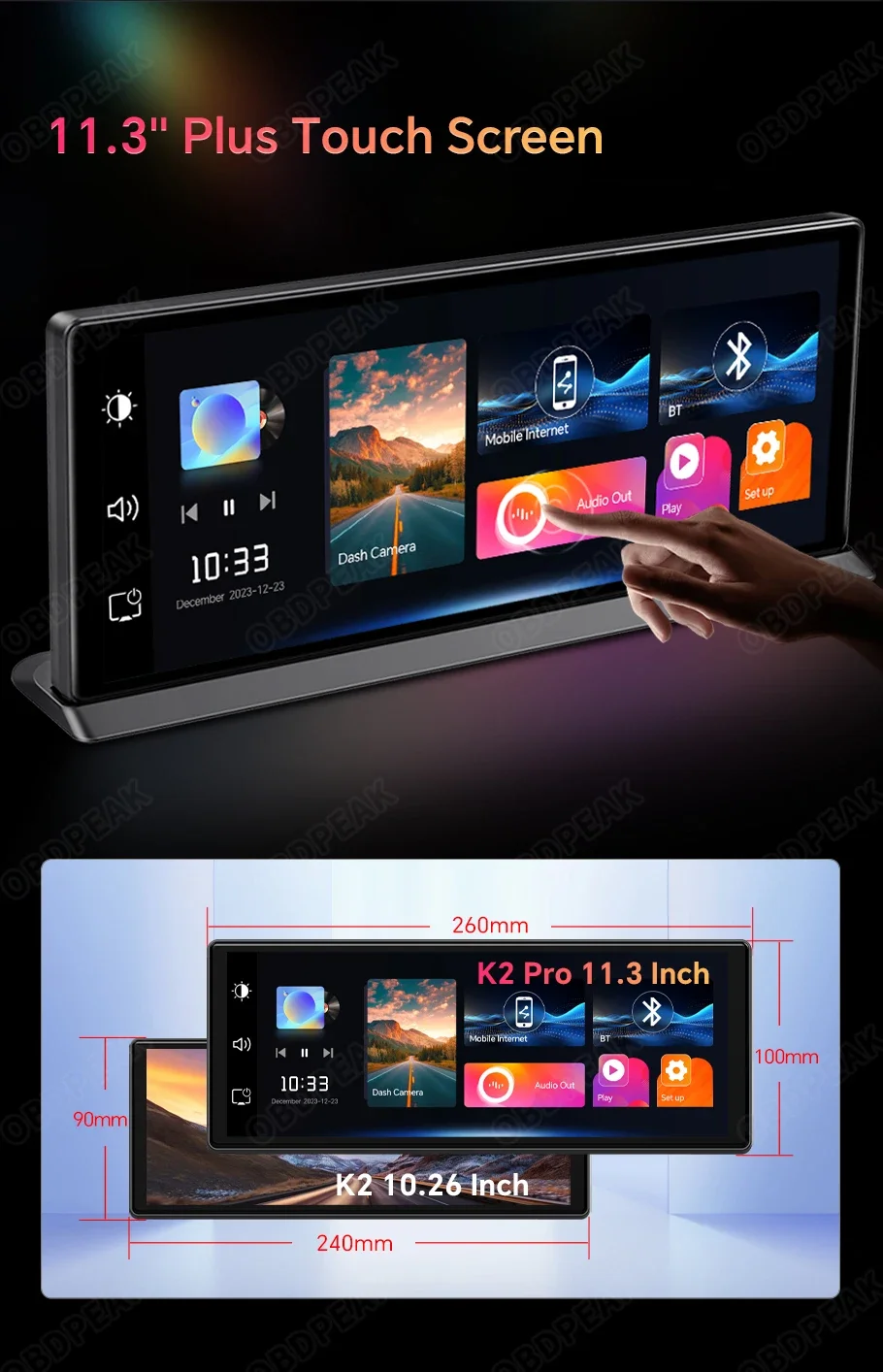 11.3 inch Car DVR 4K Dash Cam Dual Lens Wireless Carplay & Android Auto Video Recorder Monitor GPS Navigation 5G Wifi FM AUX