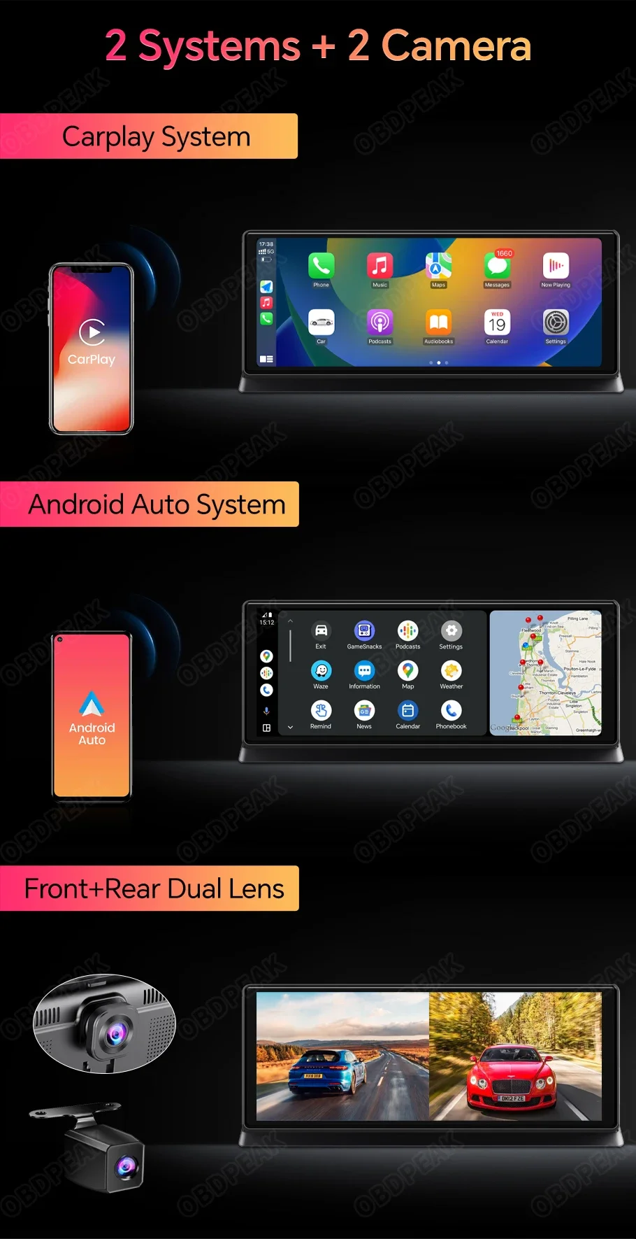 11.3 inch Car DVR 4K Dash Cam Dual Lens Wireless Carplay & Android Auto Video Recorder Monitor GPS Navigation 5G Wifi FM AUX