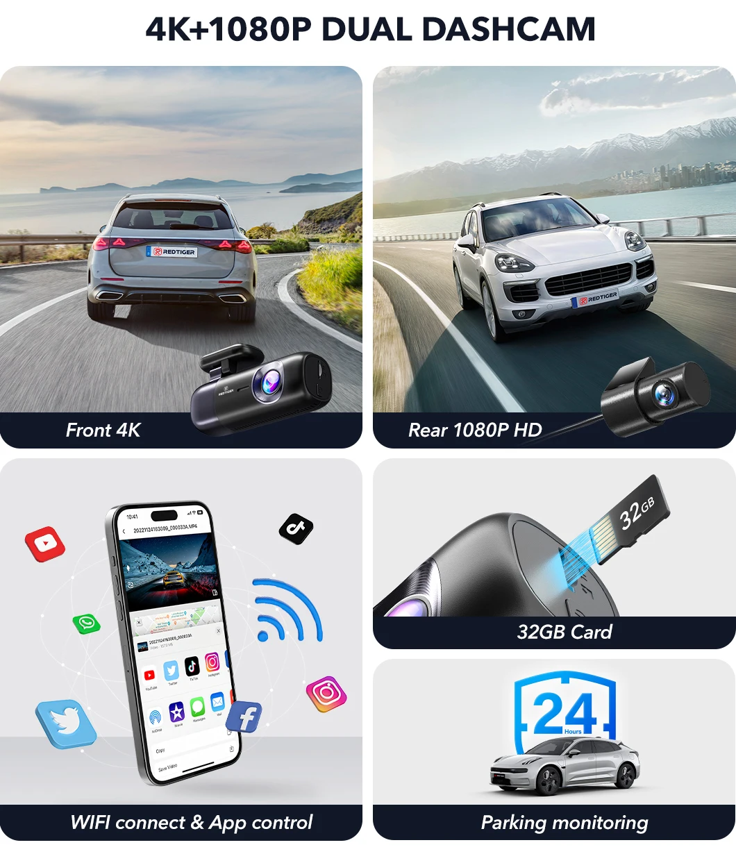 REDTIGER F9 Dash Cam 4K Front and Rear WiFi GPS Car Camera for Parking Mode Car Dvr for Night Vision Car Recorder By App Control