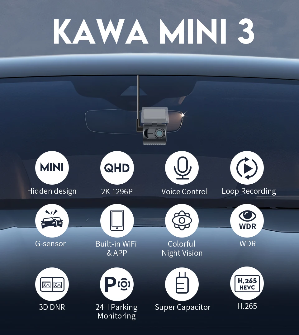 2K Dash Camera For Cars DVR KAWA Dash Cam MINI 3 Video Recorder Emergency Voice Control Night Vision WiFi APP Monitor Dashcam