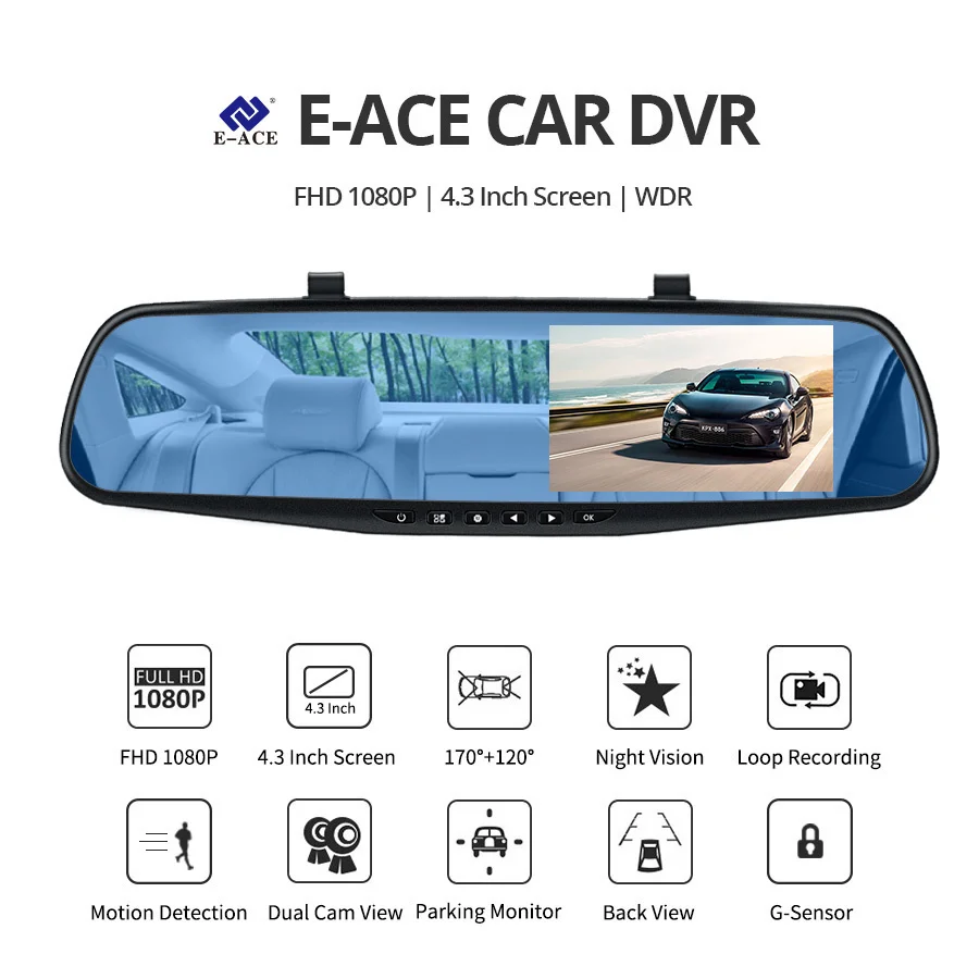 E-ACE Dash Cam 4.3 Inches Car DVR Rearview Mirror Driving Recorder Dual Lens Front and Rear Camera Video Recorder Black Box E-ACE Dash Cam 4.3 Inches Car DVR Rearview Mirror Driving Recorder Dual Lens Front and Rear Camera Video Recorder Black Box