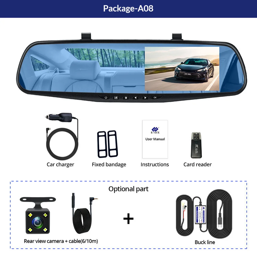 E-ACE Dash Cam 4.3 Inches Car DVR Rearview Mirror Driving Recorder Dual Lens Front and Rear Camera Video Recorder Black Box E-ACE Dash Cam 4.3 Inches Car DVR Rearview Mirror Driving Recorder Dual Lens Front and Rear Camera Video Recorder Black Box