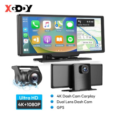 10" 4K Portable Dash Cam Portable Car Radio Apple CarPlay Android Auto +1080P Camera GPS