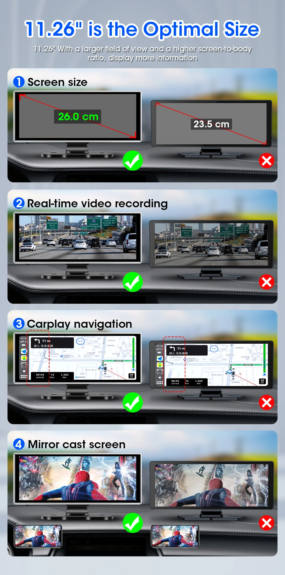 11.26 Inch 4K DVR Wireless CarPlay & Android Auto Dash Cam Bluetooth Audio GPS Navigation Dashboard Dual Lens Video Recorder 11.26 Inch 4K DVR Wireless CarPlay & Android Auto Dash Cam Bluetooth Audio GPS Navigation Dashboard Dual Lens Video Recorder