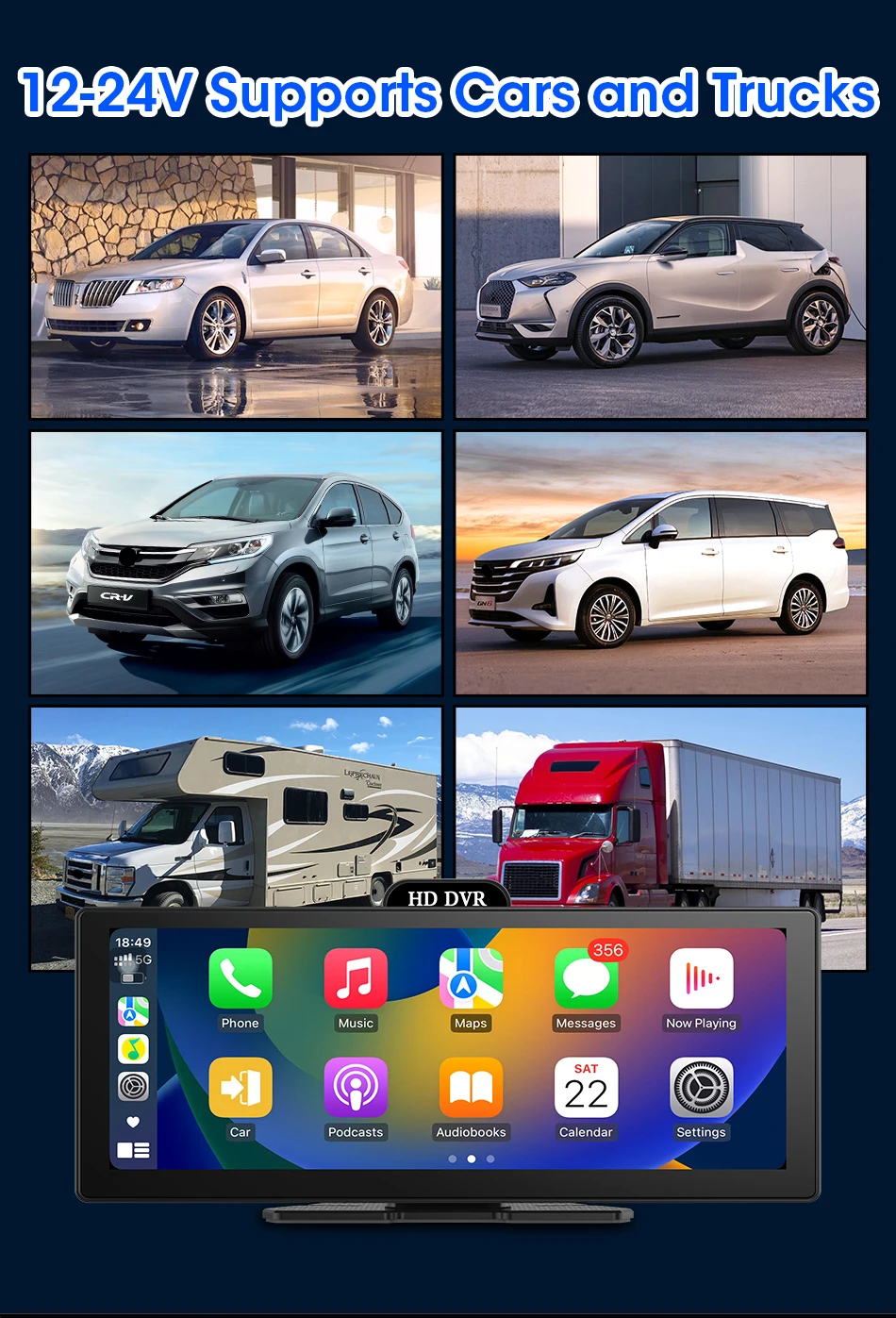 11.26 Inch 4K DVR Wireless CarPlay & Android Auto Dash Cam Bluetooth Audio GPS Navigation Dashboard Dual Lens Video Recorder