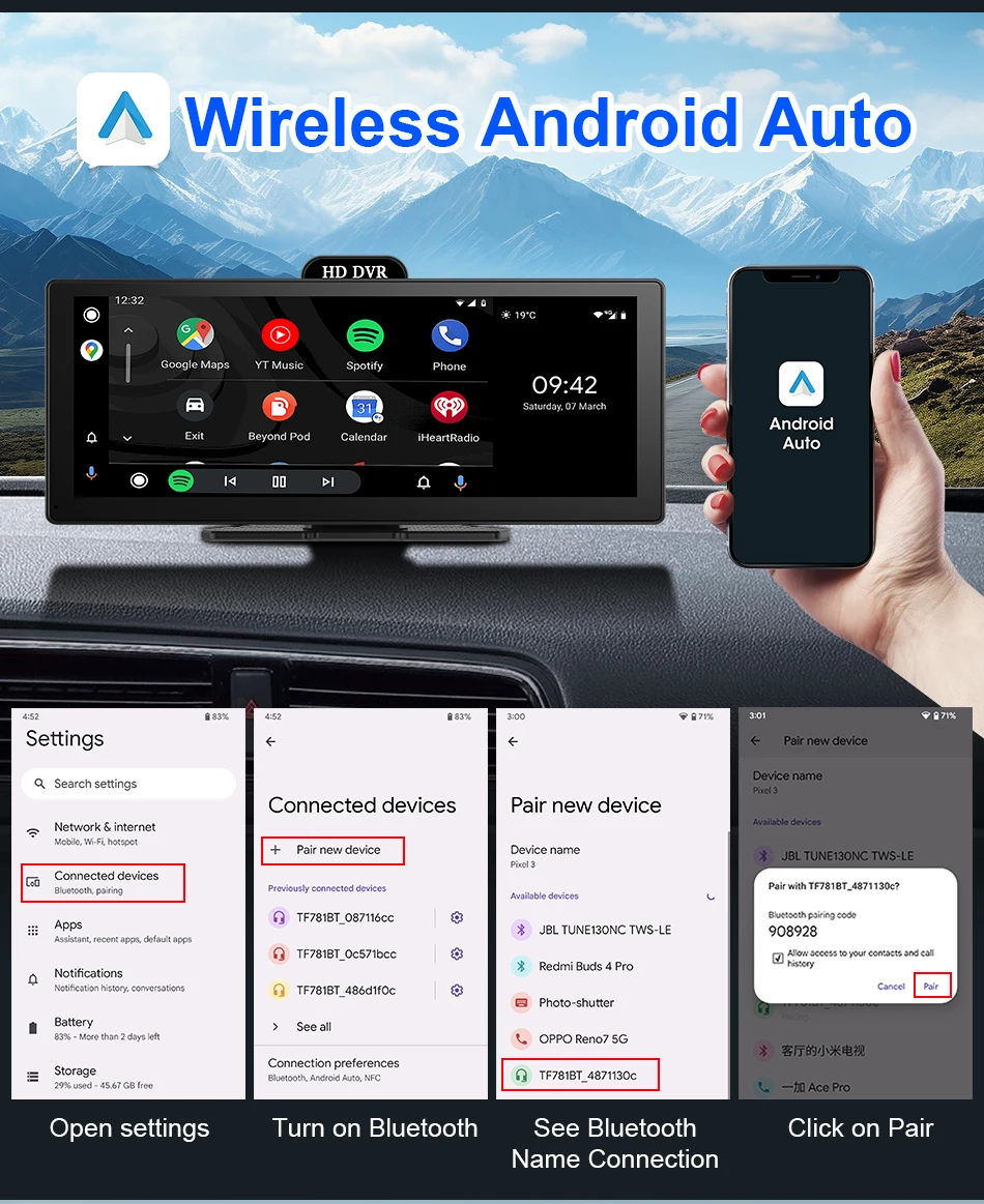 11.26 Inch 4K DVR Wireless CarPlay & Android Auto Dash Cam Bluetooth Audio GPS Navigation Dashboard Dual Lens Video Recorder