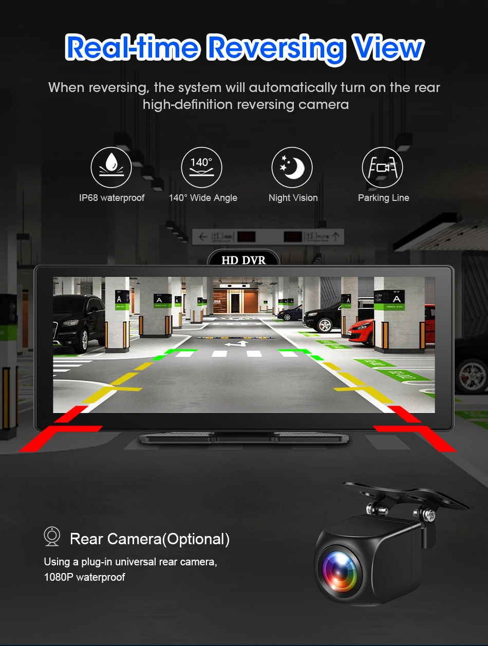 11.26 Inch 4K DVR Wireless CarPlay & Android Auto Dash Cam Bluetooth Audio GPS Navigation Dashboard Dual Lens Video Recorder