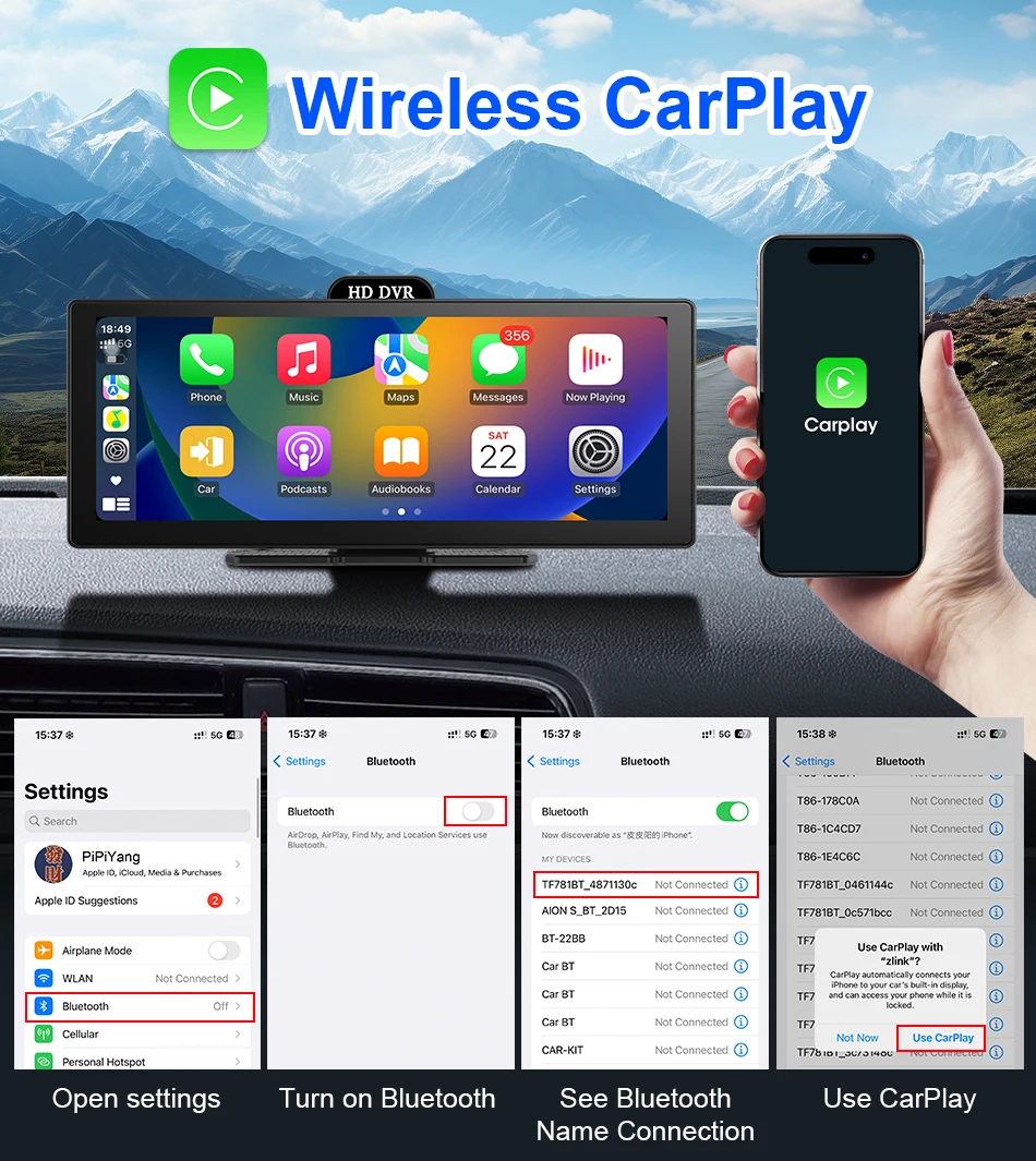 11.26 Inch 4K DVR Wireless CarPlay & Android Auto Dash Cam Bluetooth Audio GPS Navigation Dashboard Dual Lens Video Recorder