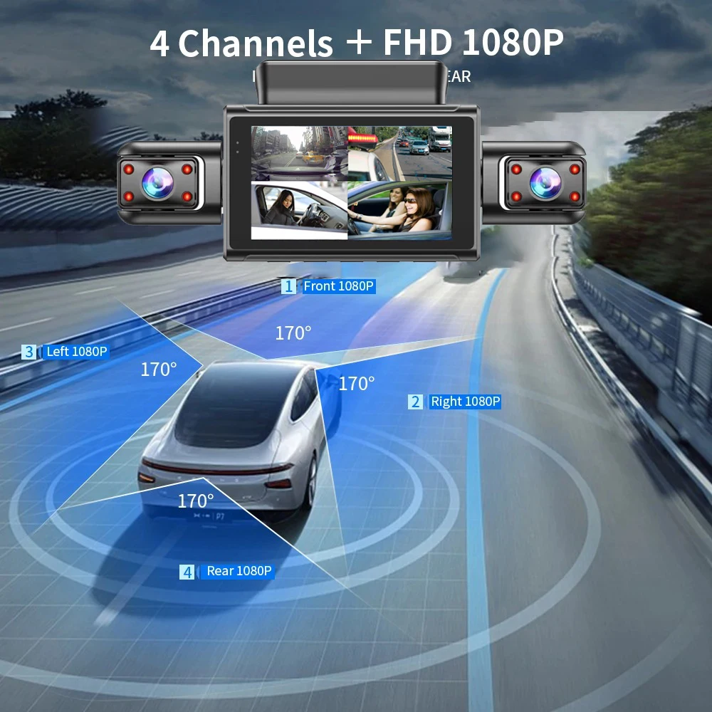 360° Car Dash Cam 4 Channels Video Recorder 1080P Car DVR 24H Parking Monitor Front Right With Rear View Night Vision Black Box 360° Car Dash Cam 4 Channels Video Recorder 1080P Car DVR 24H Parking Monitor Front Right With Rear View Night Vision Black Box