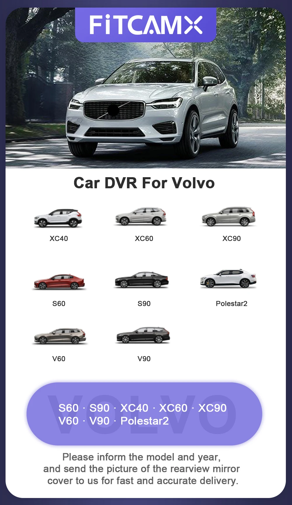 Fitcamx 4K Dash Cam for Volvo & Polestar 2, Compatible with XC60 XC90 XC40 C40 EX30 S90 V90 S60 V60 XC70 EX40 EC40, Night Vision