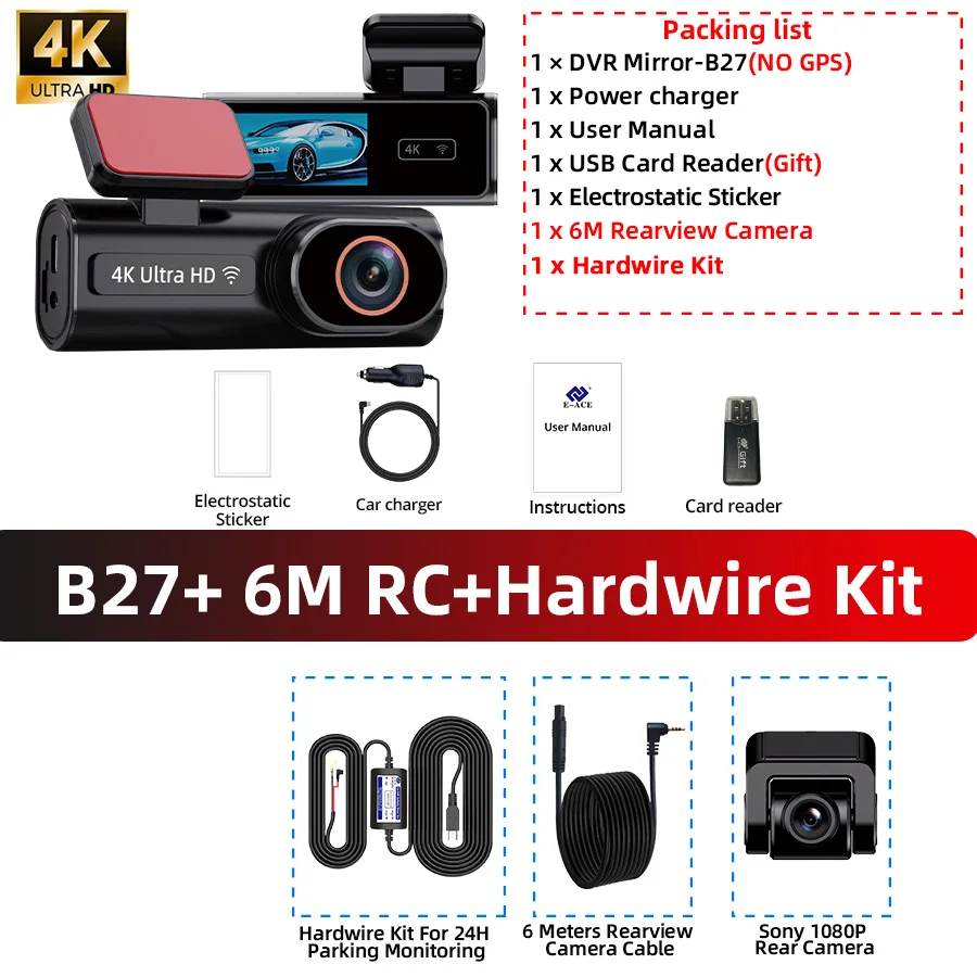 ACCEO Dash Cam WIFI GPS Mini Car DVR Front 4K and Rear 1080P Dual Lens Room Camera Night Vision 24H Parking Monitor Black Box
