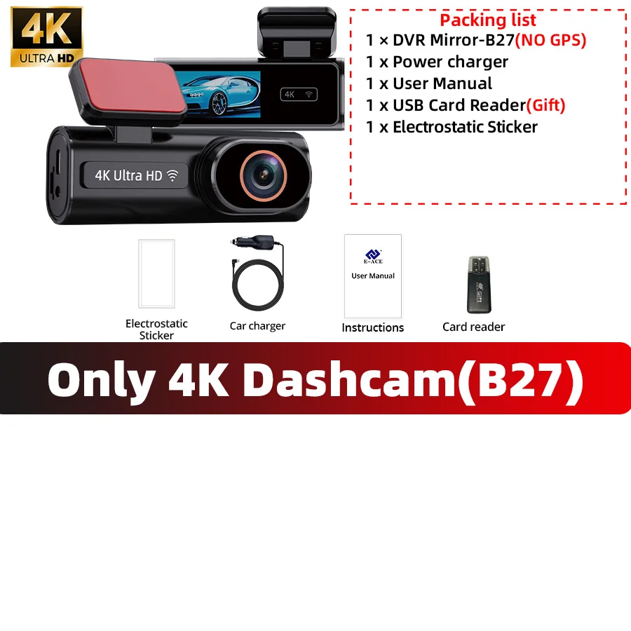 ACCEO Dash Cam WIFI GPS Mini Car DVR Front 4K and Rear 1080P Dual Lens Room Camera Night Vision 24H Parking Monitor Black Box