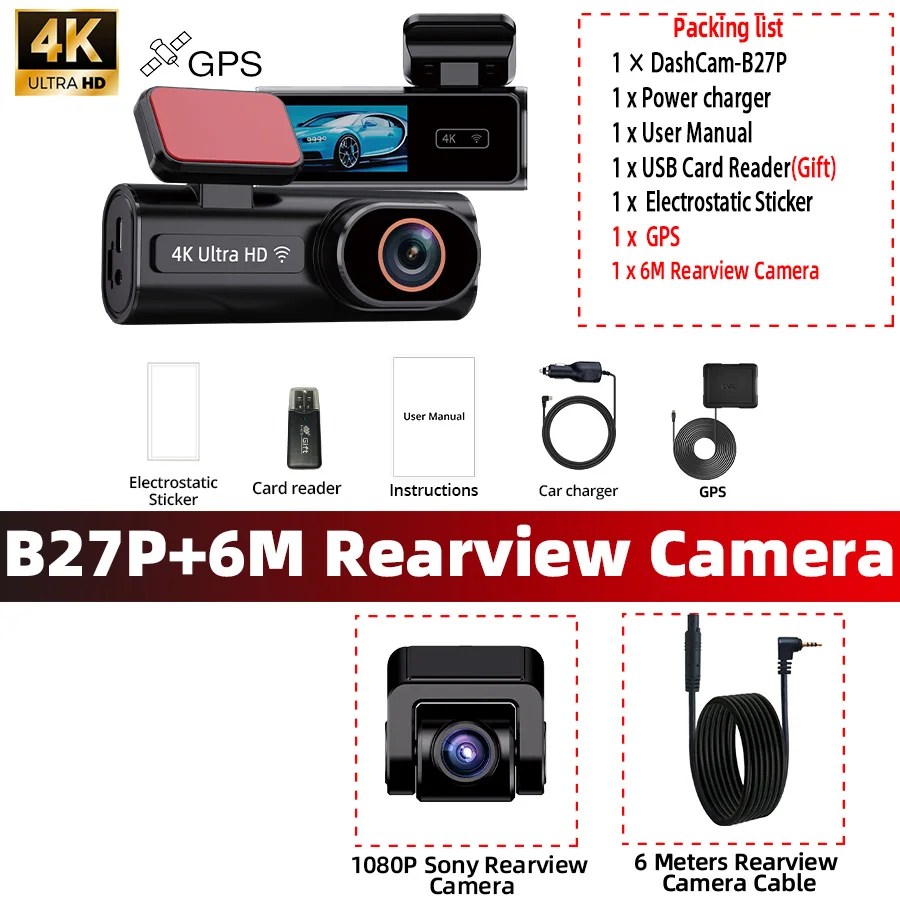 ACCEO Dash Cam WIFI GPS Mini Car DVR Front 4K and Rear 1080P Dual Lens Room Camera Night Vision 24H Parking Monitor Black Box