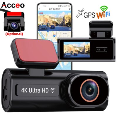 ACCEO Dash Cam WIFI GPS Mini Car DVR Front 4K and Rear 1080P Dual Lens Room Camera Night Vision 24H Parking Monitor Black Box