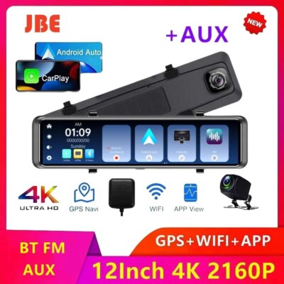 12InchDash Cam 4K 3840*2160P Car Mirror Video Recording Carplay & Android Auto Wireless Connection 5G WiFi GPS Navigation FM AUX