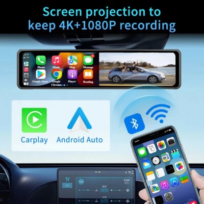12InchDash Cam 4K 3840*2160P Car Mirror Video Recording Carplay & Android Auto Wireless Connection 5G WiFi GPS Navigation FM AUX - Image 3