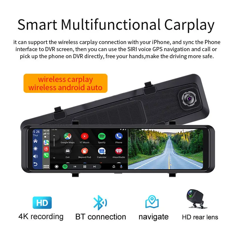 12InchDash Cam 4K 3840*2160P Car Mirror Video Recording Carplay & Android Auto Wireless Connection 5G WiFi GPS Navigation FM AUX