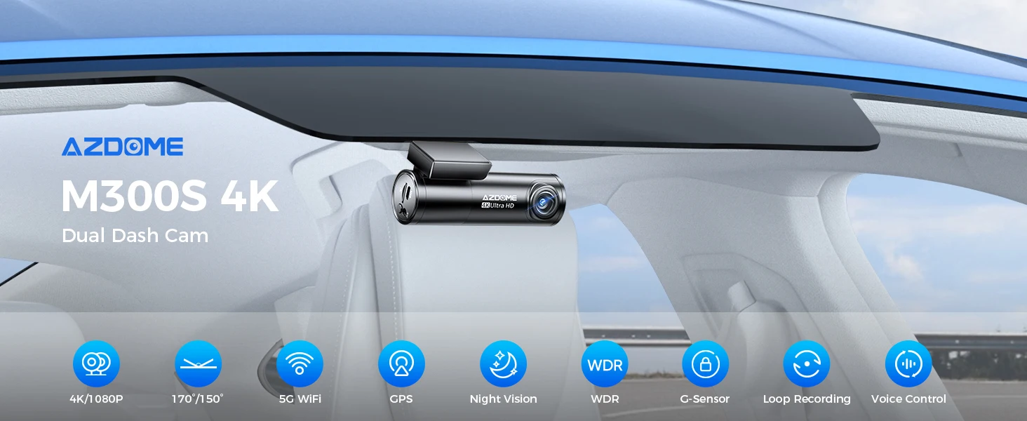 AZDOME Dash Cam M300S 4K+1080P Dual Dash Car Camera Built-in 5.8GHz WiFi GPS Car DVR 24H Parking Mode Night Vision Black Box