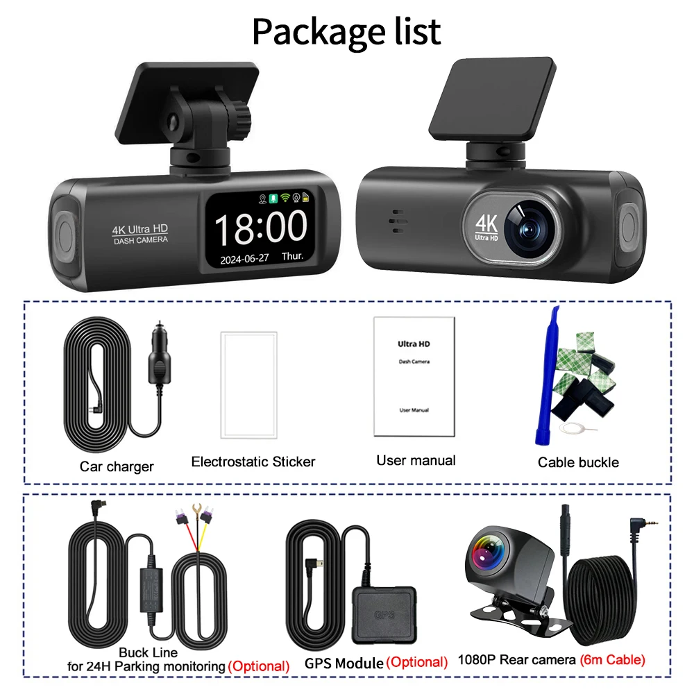 UHD 4K Dash Cam Dual Lens Driving Recorder Car DVR 1080P Rear Lens Camera Built-In WiFi GPS 24-Hour Parking Monitoring Black Box