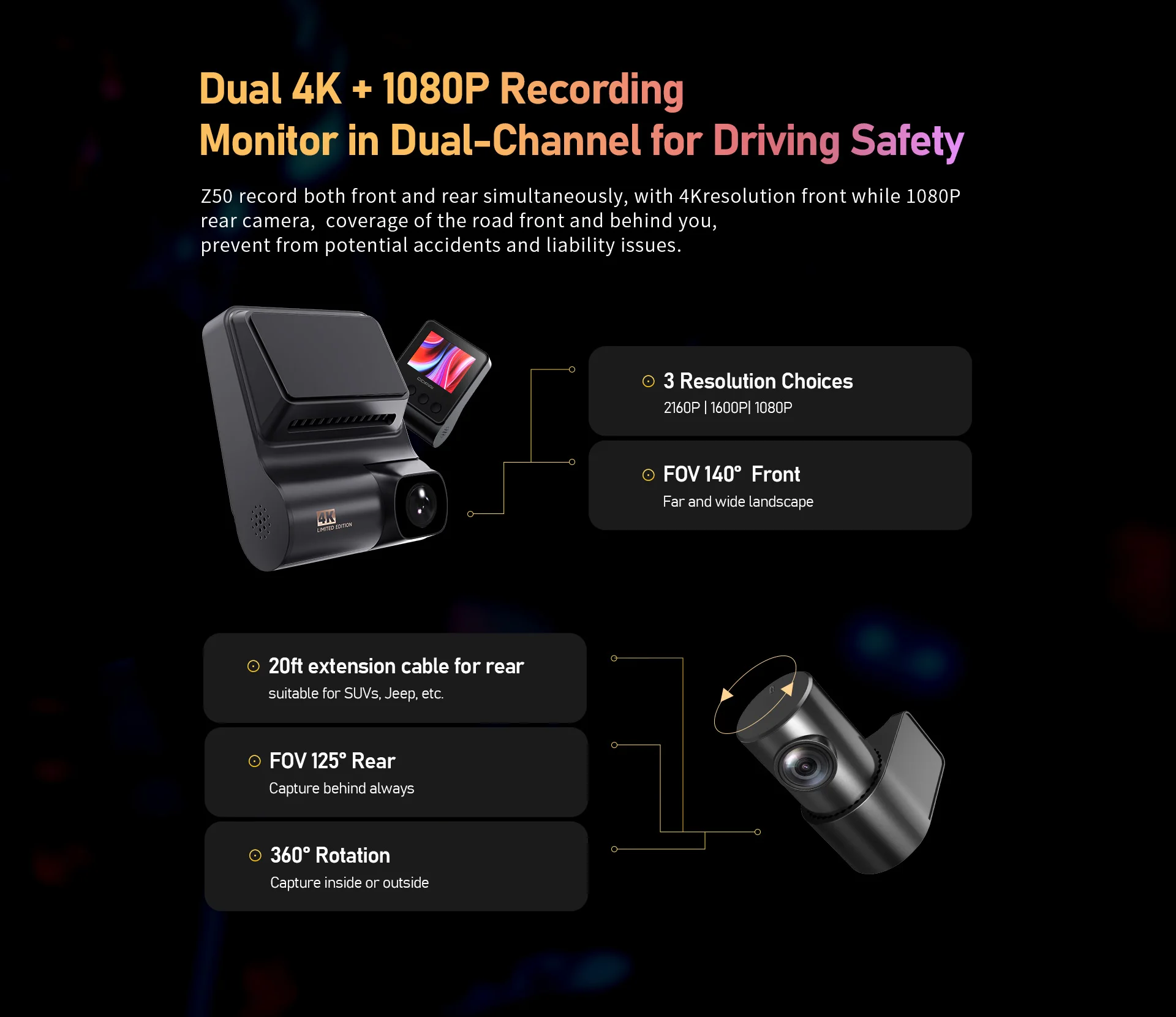 DDPAI Dash Cam Z50 Front and Rear 4K, Cam Car Camera with 2160P Front +1080P Rear, Built-in WiFi GPS, Dual Dash Camera for Cars