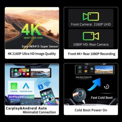 11.26" 4K 2160P Car Dvr Carplay Android Auto Dash Cam GPS WIFI BT FM Stream Rear View Mirror Dashcam Dvrs Camera Drive Recorder - Image 3