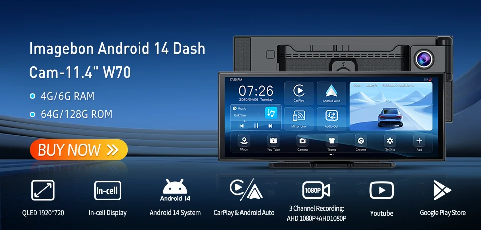 Imagebon H70 Pro 11.4″ 4K ADAS Dash Cam QLED In-Cell Display Wireless CarPlay & Android Auto Dual Recording Night Vision Car DVR