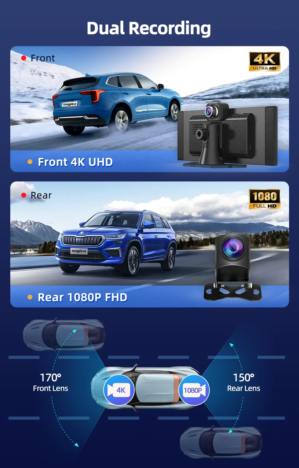 Imagebon H70 Pro 11.4″ 4K ADAS Dash Cam QLED In-Cell Display Wireless CarPlay & Android Auto Dual Recording Night Vision Car DVR