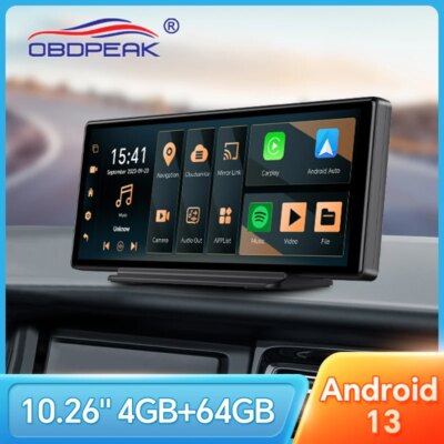 OBDPEAK K50 10.26'' Dashboard 4G+64G Android 13 AI Screen Dash Cam GPS Navigation Carplay Android AUTO Dual Lens Video Recorder