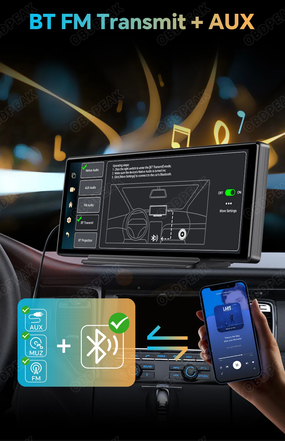 OBDPEAK K50 10.26'' Dashboard 4G+64G Android 13 AI Screen Dash Cam GPS Navigation Carplay Android AUTO Dual Lens Video Recorder