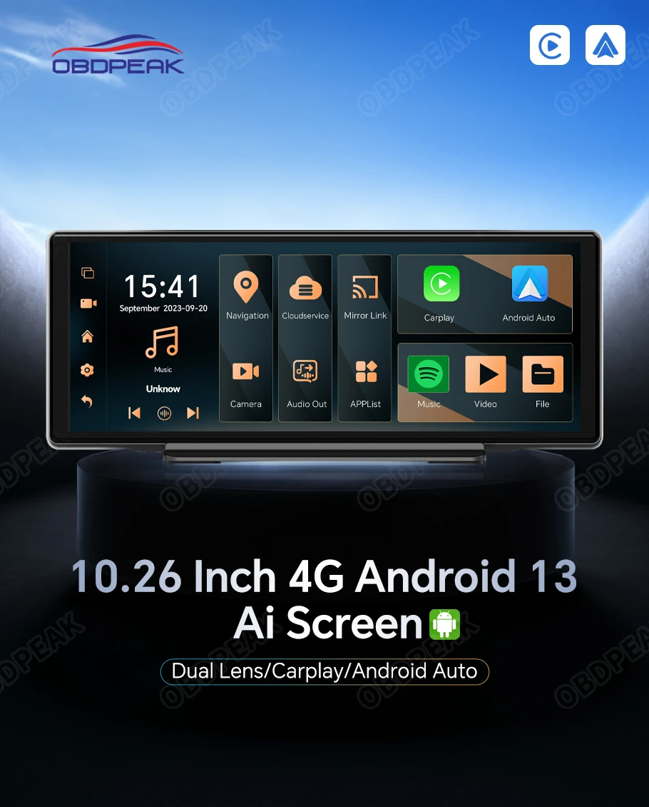 OBDPEAK K50 10.26'' Dashboard 4G+64G Android 13 AI Screen Dash Cam GPS Navigation Carplay Android AUTO Dual Lens Video Recorder
