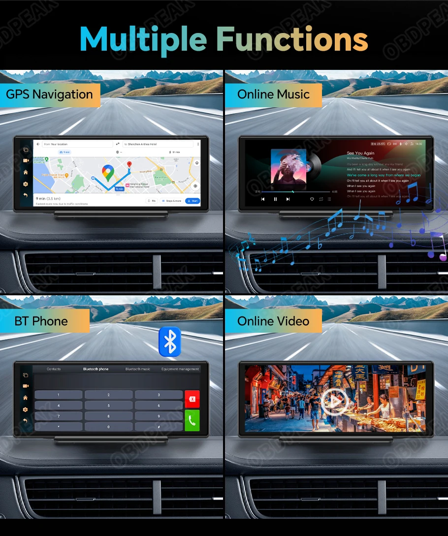 OBDPEAK K50 10.26'' Dashboard 4G+64G Android 13 AI Screen Dash Cam GPS Navigation Carplay Android AUTO Dual Lens Video Recorder