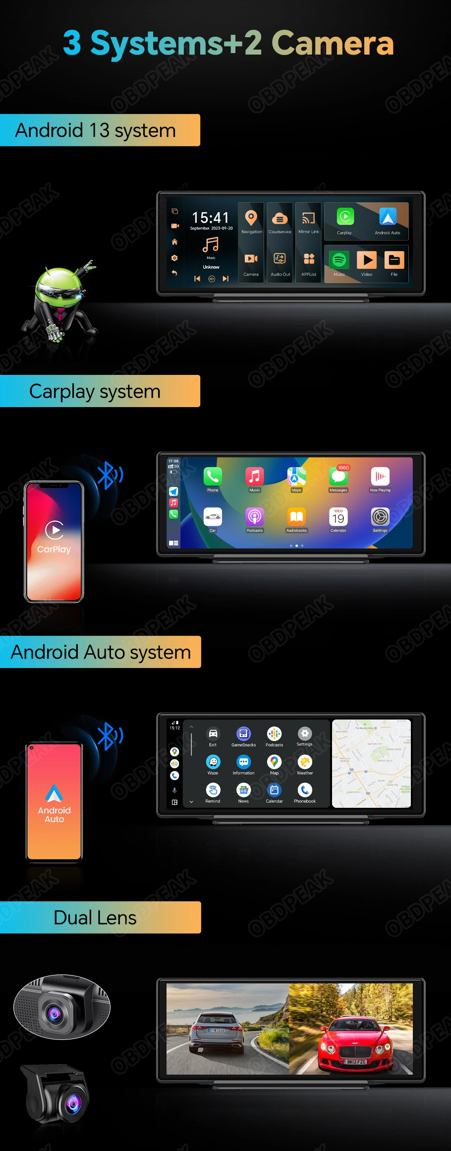OBDPEAK K50 10.26'' Dashboard 4G+64G Android 13 AI Screen Dash Cam GPS Navigation Carplay Android AUTO Dual Lens Video Recorder OBDPEAK K50 10.26'' Dashboard 4G+64G Android 13 AI Screen Dash Cam GPS Navigation Carplay Android AUTO Dual Lens Video Recorder