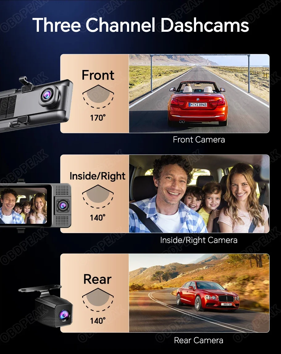 2.5K 11.26 Inch 3 Channel Dash Cam GPS with Wireless Apple Carplay & Android Auto Voice Control Backup Camera IR Night Vision