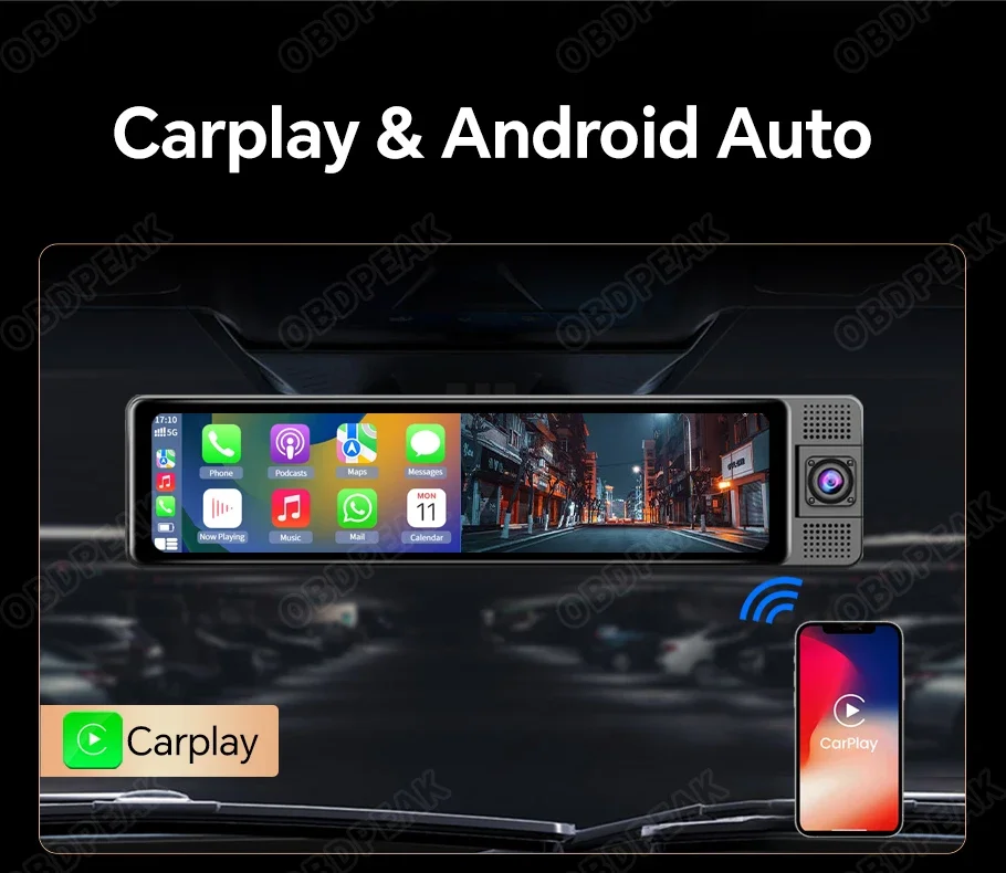 2.5K 11.26 Inch 3 Channel Dash Cam GPS with Wireless Apple Carplay & Android Auto Voice Control Backup Camera IR Night Vision