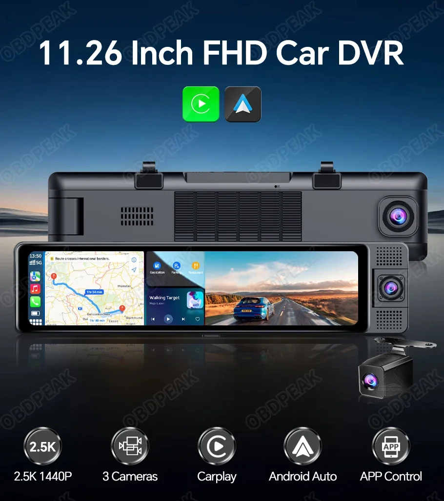 2.5K 11.26 Inch 3 Channel Dash Cam GPS with Wireless Apple Carplay & Android Auto Voice Control Backup Camera IR Night Vision