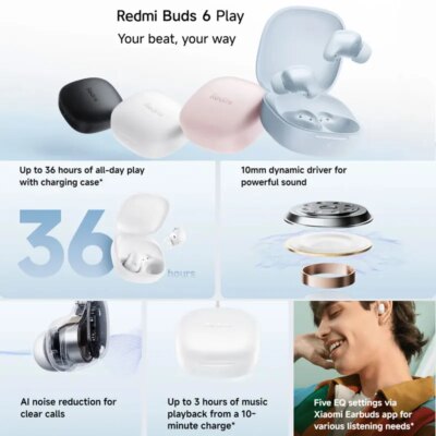 New Xiaomi Redmi Buds 6 Play Wireless Bluetooth Earphone, AI Noise Reduction, BT5.4, Touch Control Wireless Earphone 5 EQ Modes - Image 2