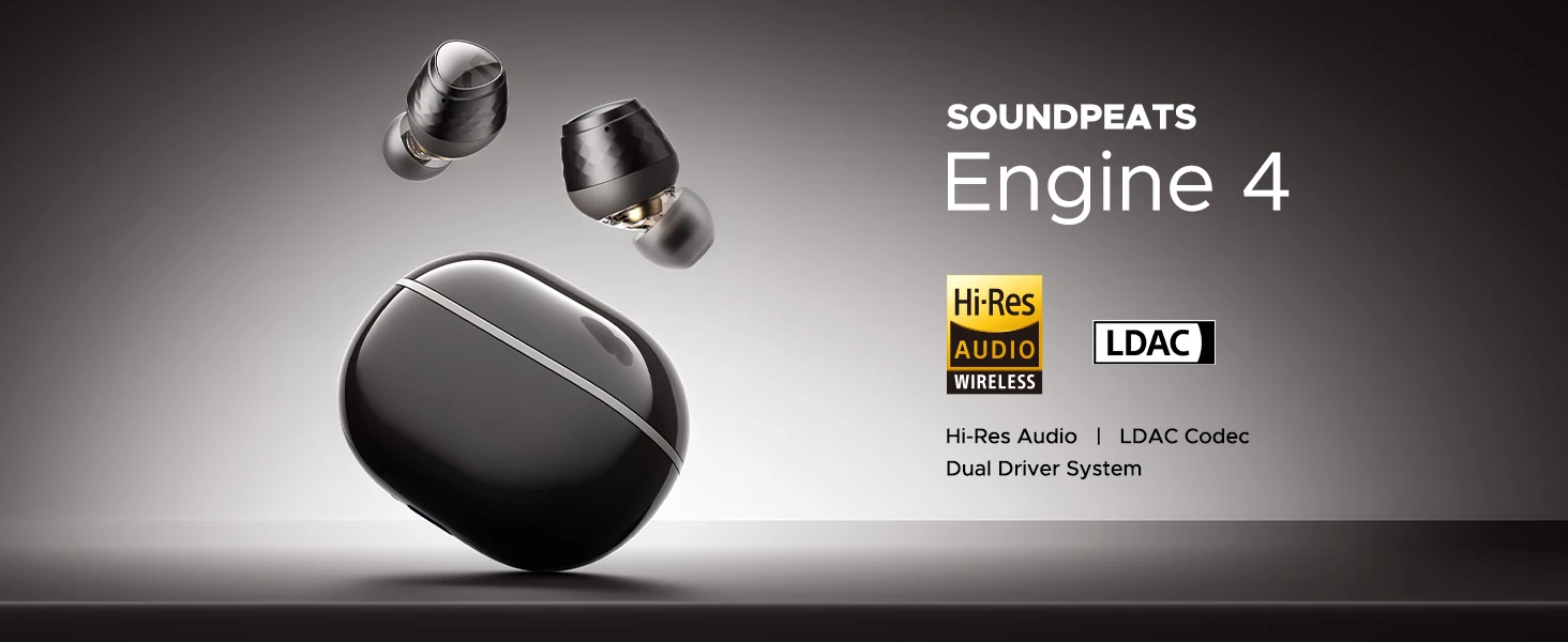 SoundPEATS Engine4 Hi-Res Bluetooth 5.3 Wireless Earbuds with LDAC, Coaxial Dual Dynamic Drivers for Stereo Sound, Total 43 Hrs