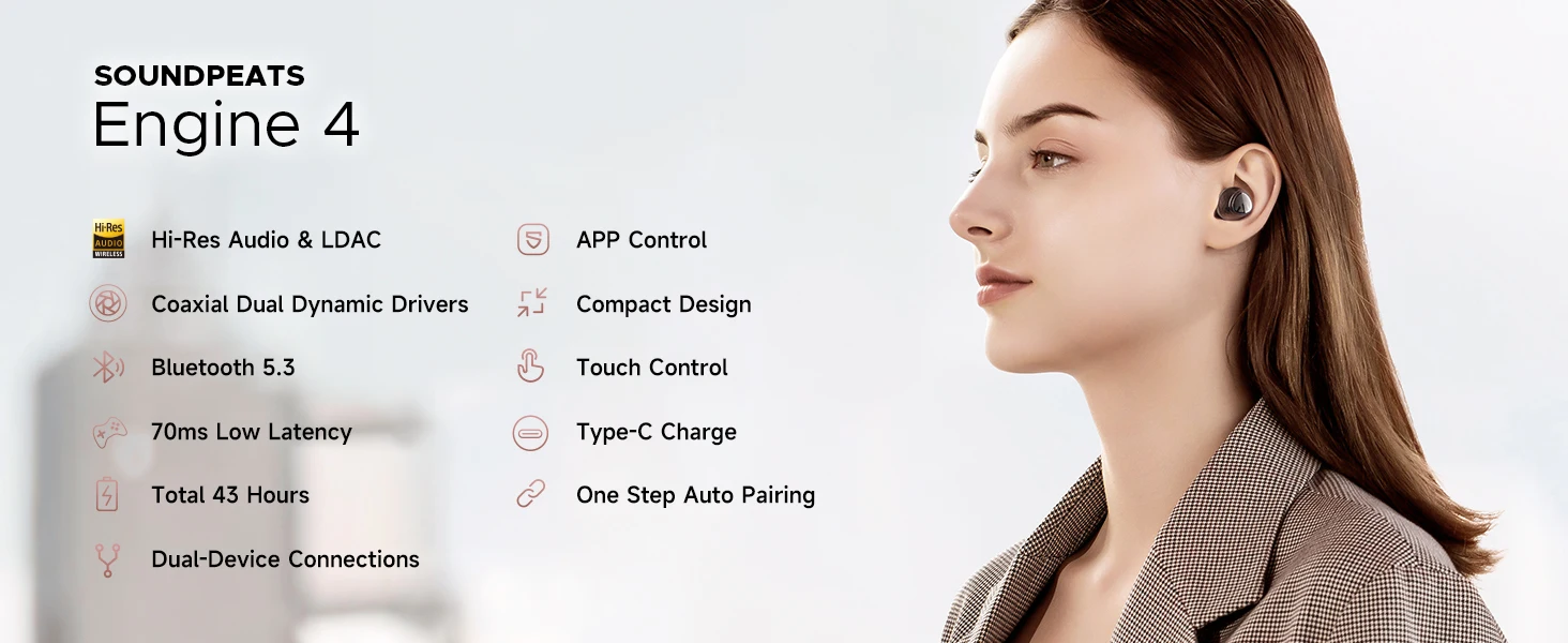 SoundPEATS Engine4 Hi-Res Bluetooth 5.3 Wireless Earbuds with LDAC, Coaxial Dual Dynamic Drivers for Stereo Sound, Total 43 Hrs