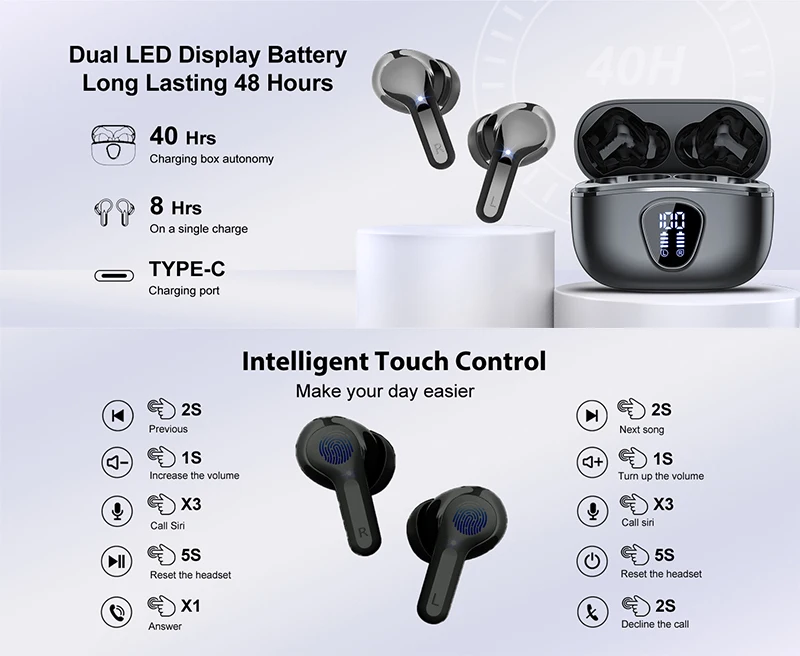 Wireless Earbuds BT5.3 Headphones HiFi Stereo EarBuds with ENC Noise Cancelling Mic 48H LED Display IP7 Waterproof Earphones Wireless Earbuds BT5.3 Headphones HiFi Stereo EarBuds with ENC Noise Cancelling Mic 48H LED Display IP7 Waterproof Earphones